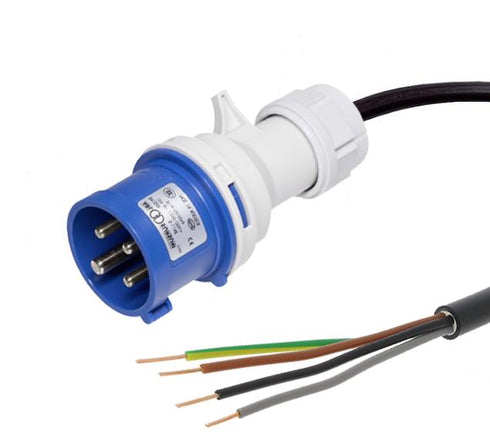 316-9 / 332-9 — 4-pin 16A/32A 3-fas blå CEE støpsel med åpen ende